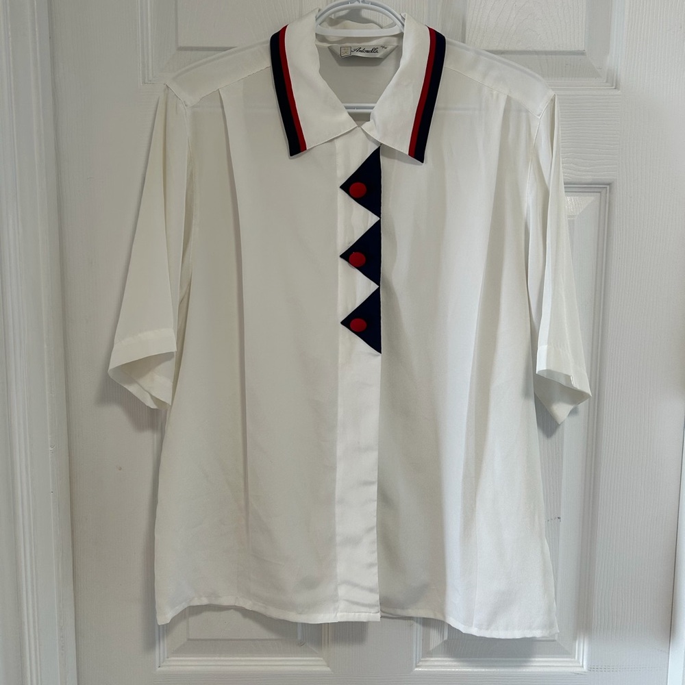 Vintage, Elegant White Blouse with Red and Blue Accents